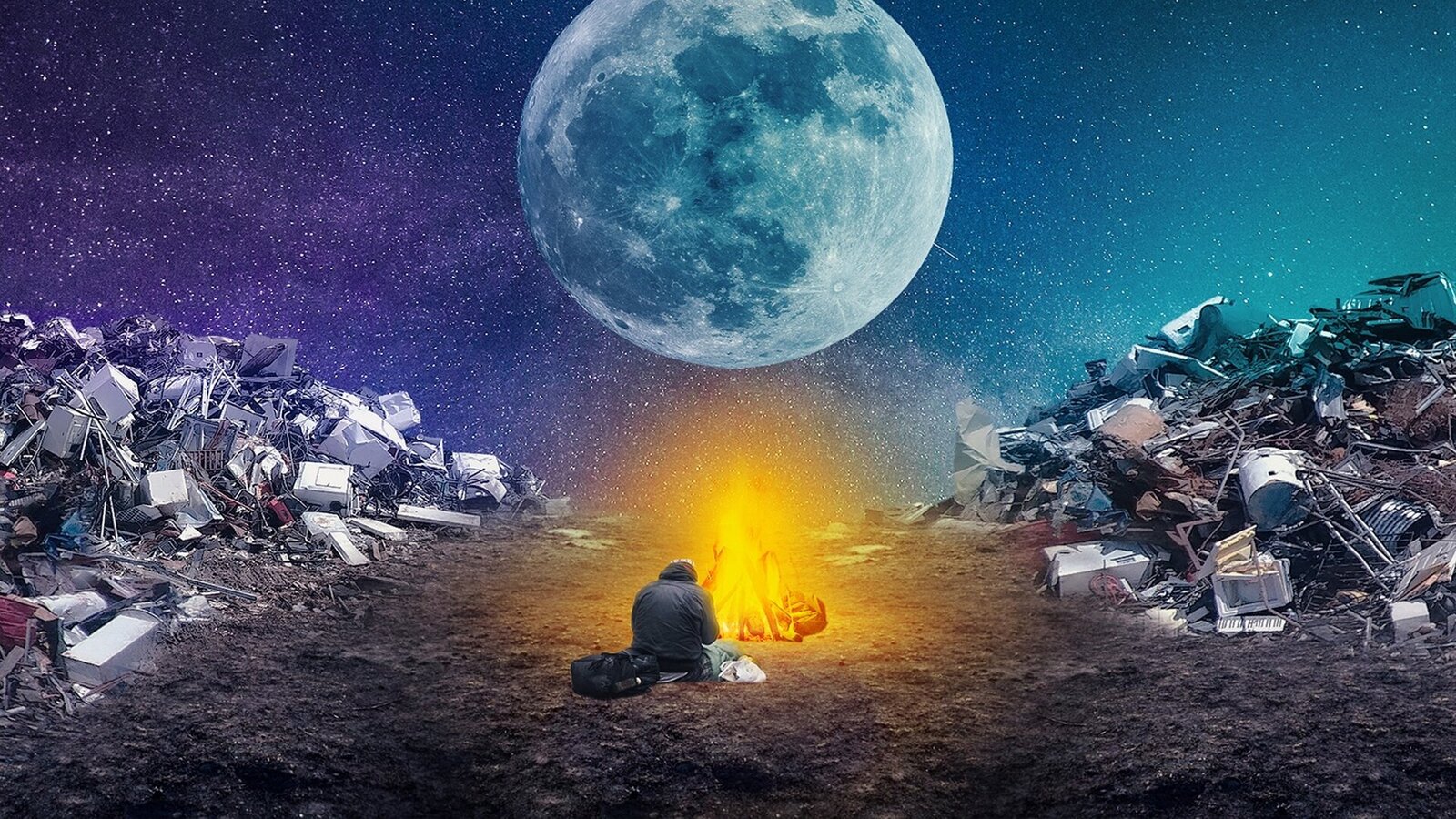 Ilustracja przedstawia osobę siedzącą przy ognisku rozpalonym wśród ogromnych gór śmieci. Ma bardzo przygnębiający charakter.