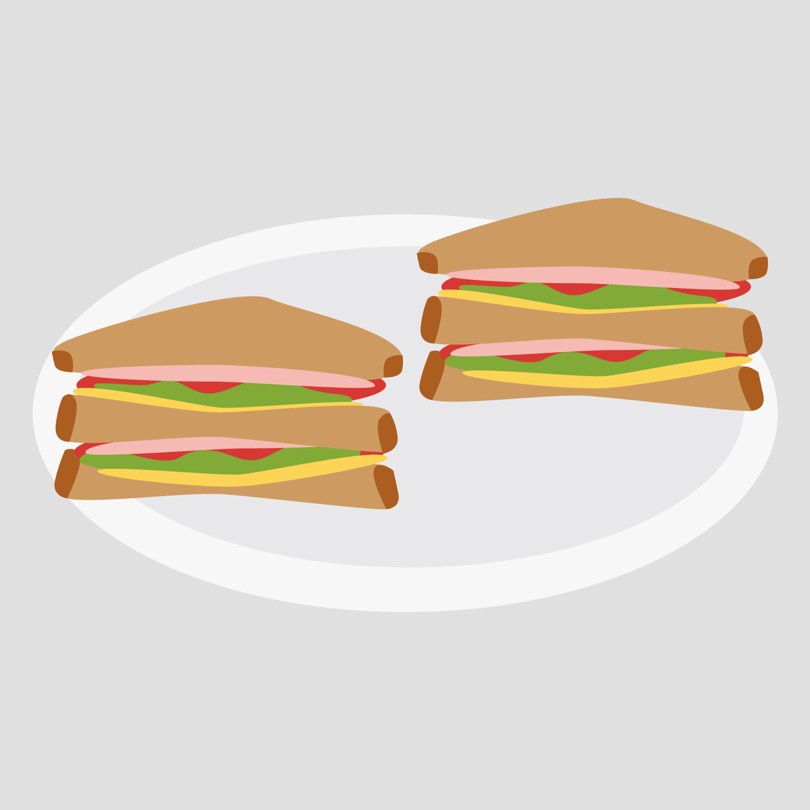 Ilustracja przedstawia dwie złożone kanapki, ułożone na talerzu. W kanapkach widoczne są składniki takie jak ser, szynka i sałata.