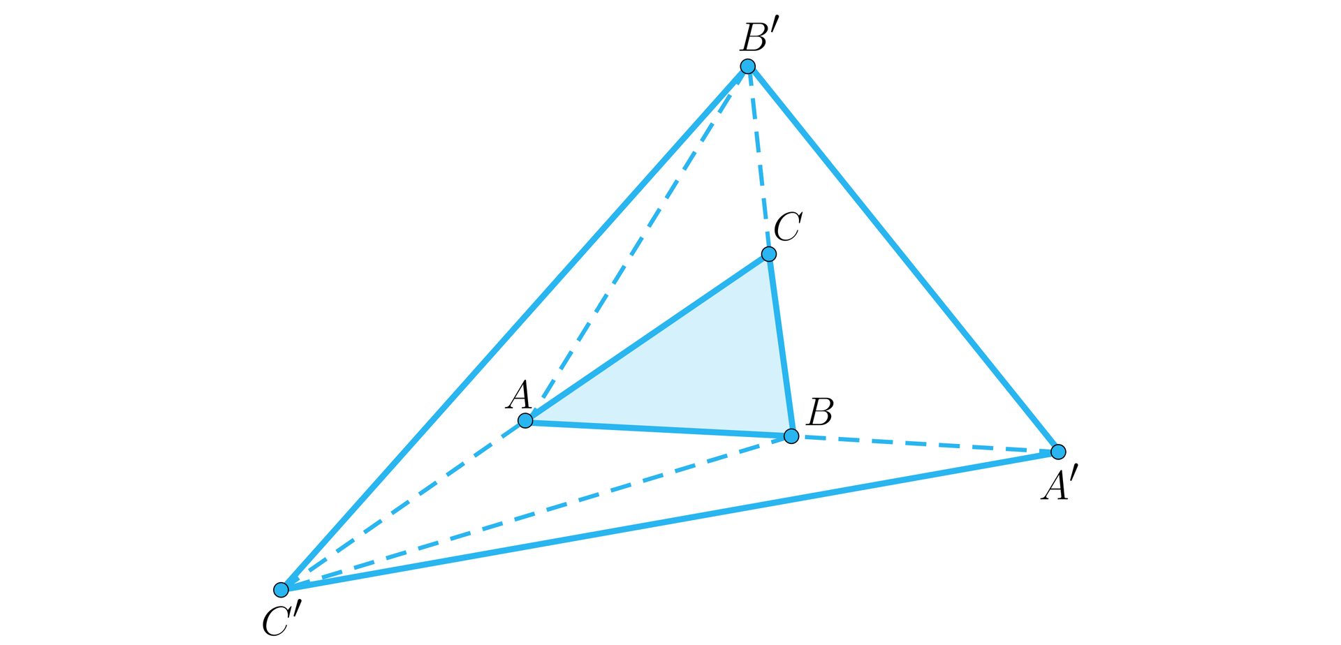 Na ilustracji przedstawiono trójkąt ABC. Na przedłużeniu boku CA znajduje się punkt C prim. Na przedłużeniu boku BC znajduje się punkt B prim. Na przedłużeniu boku AB znajduje się punkt A prim. Punkty A prim, B prim, C prim po połączeniu utworzyły trójkąt. Linią przerywaną połączono wierzchołki A i C prim, B i A prim, C i B prim.