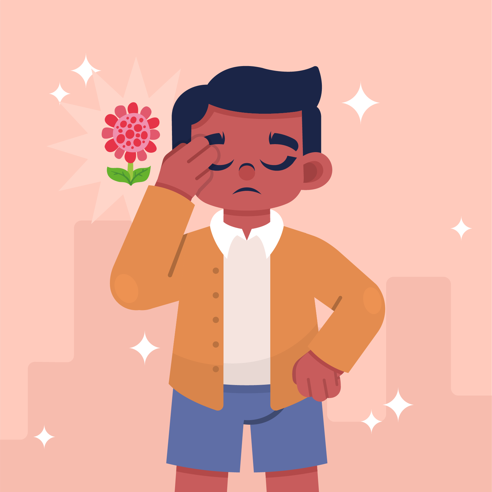 Ilustracja przedstawia mężczyznę w krótkich spodenkach. Na jego twarzy widoczny jest smutek. Prawą dłonią, trzyma się za skroń. Obok jego ucha, znajduje się czerwony kwiat z zieloną łodygą.