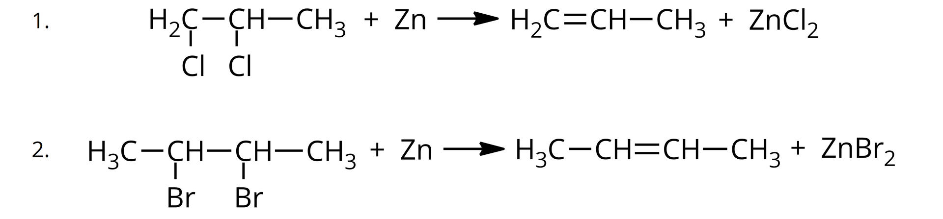 Ilustracja przedstawiająca dwa niepełne równania reakcji chemicznych zawierające jedynie substraty. Pierwsze równanie. Cząsteczka 1,2-dichloropropanu zbudowanego z grupy CH2 podstawionej atomem chloru Cl i związanej z grupą CH, która to również podstawiona jest atomem chloru i połączona z grupą metylową CH3. Dodać atom cynku. Strzałka w prawo. Za strzałką cząsteczka propenu zbudowanego z grupy CH2 połączonej za pomocą wiązania podwójnego z grupą CH, która to związana jest z grupą CH3. Dodać cząsteczkę chlorku cynku ZnCl2. Drugie równanie. Cząsteczka 2,3-dibromobutanu zbudowanego z dwóch połączonych za pomocą wiązania pojedynczego grup CH, z których każda podstawiona jest jednym atomem bromu Br oraz jedną grupą metylową CH3. Dodać atom cynku. Strzałka w prawo. Cząsteczka but-2-enu zbudowanego z dwóch połączonych za pomocą wiązania podwójnego grup CH, z których każda podstawiona jest jedną grupą metylową CH3. Dodać cząsteczkę ZnBr2.