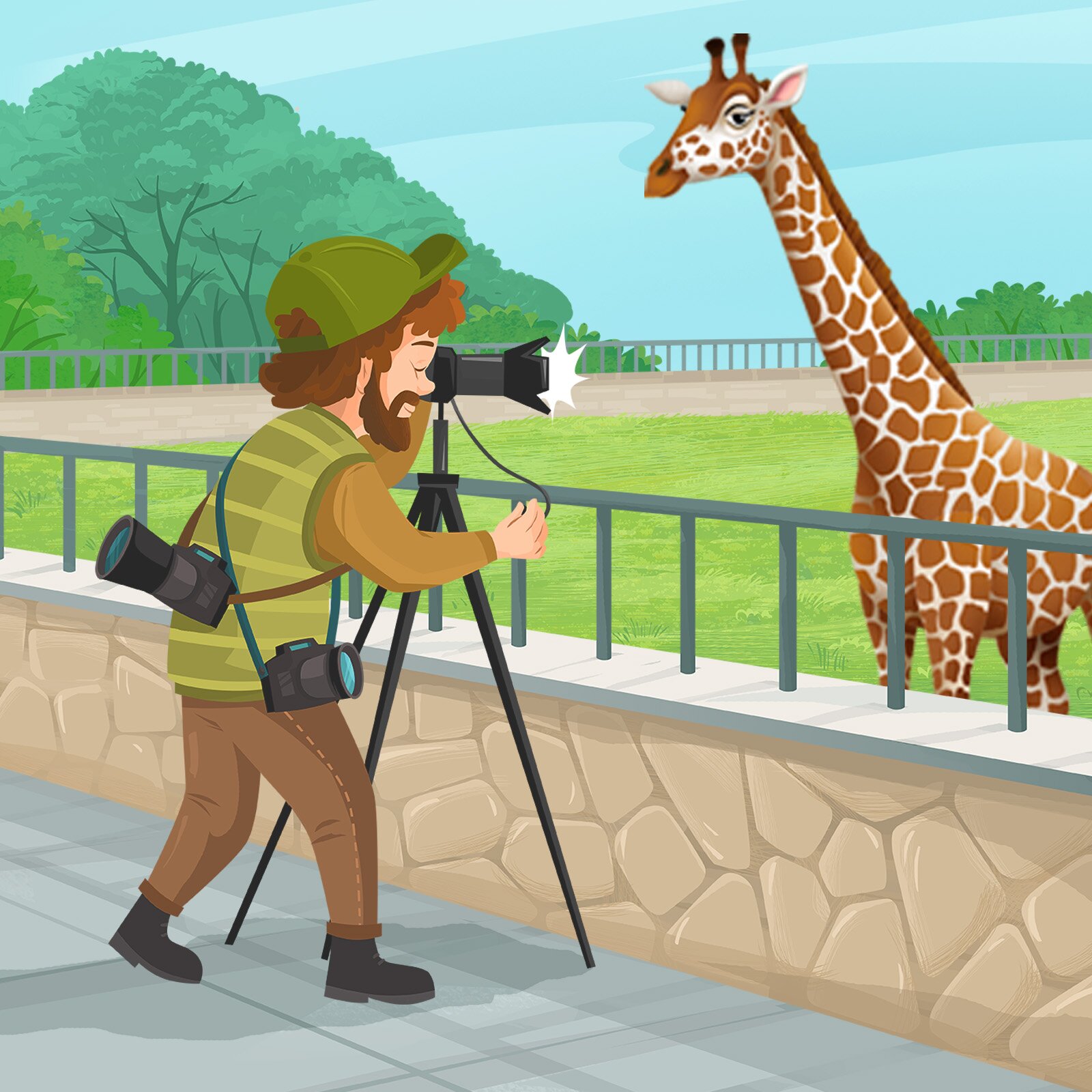 Ilustracja przedstawia fotografa robiącego zdjęcia żyrafie.