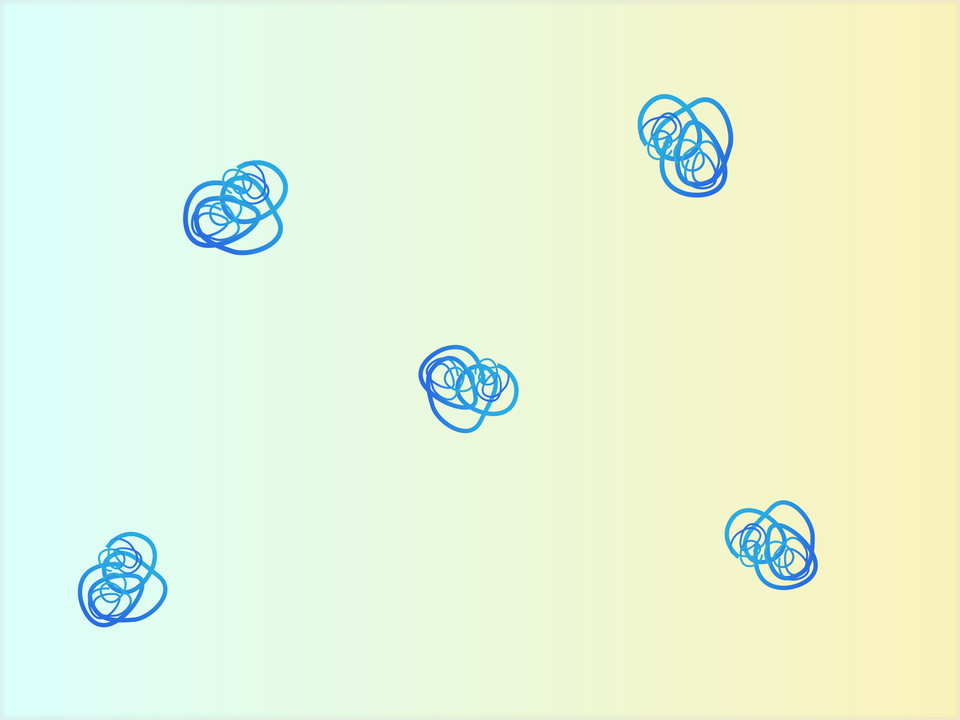 Ilustracja przedstawiająca schematycznie kilka zwiniętych w kłębek łańcuchów białkowych oddalonych od siebie w sporej odległości. 