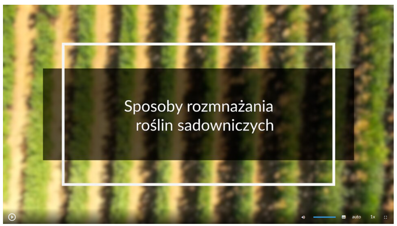 Grafika przedstawia widok okna odtwarzacza filmu. Widoczna jest plansza z napisem: Sposoby rozmnażania roślin sadowniczych. W tle widać pola uprawne. W dolnej części ekranu znajduje się pasek odtwarzania. 