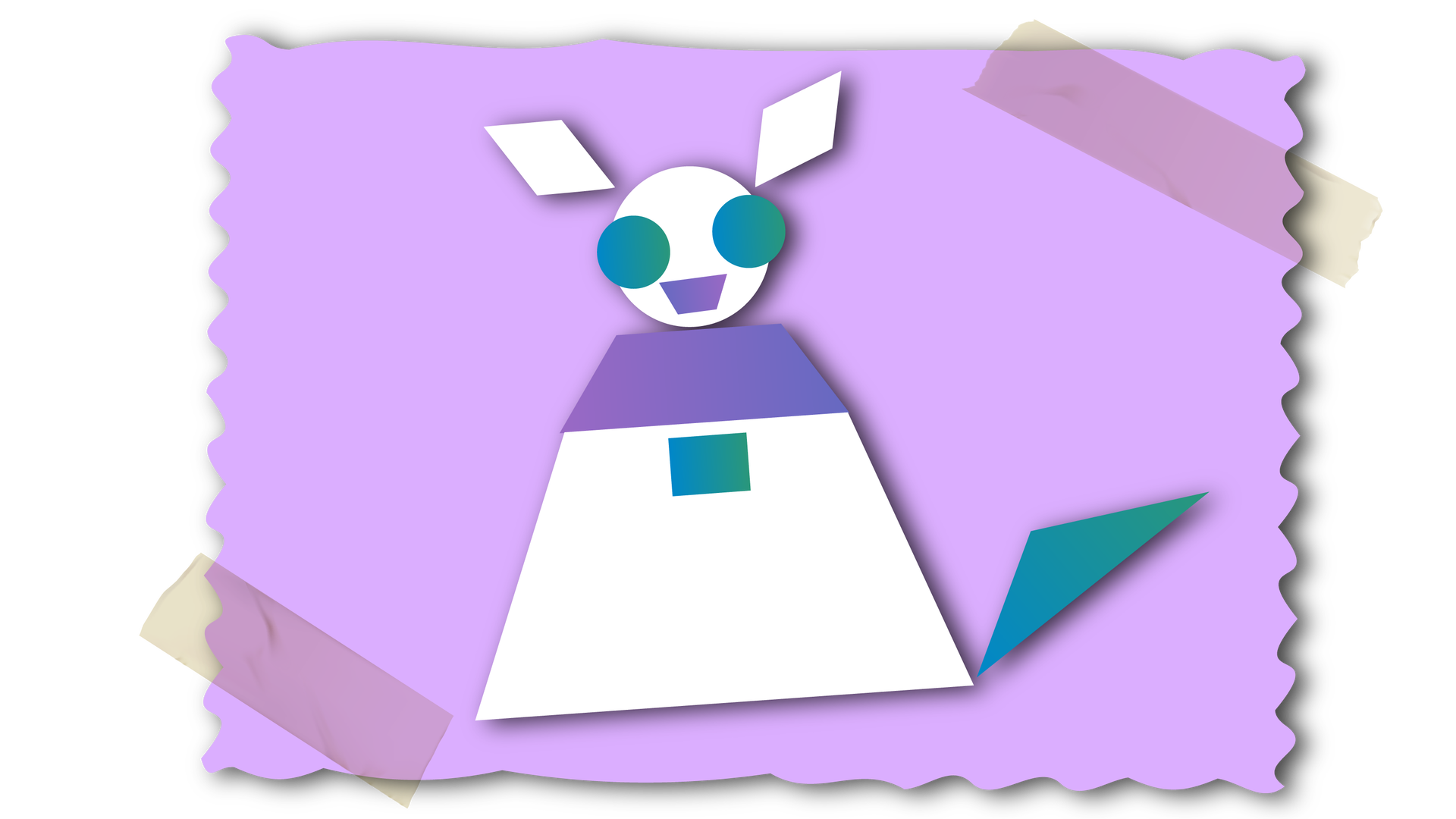 Ilustracja przedstawia zwierzątko składające się z figur geometrycznych. Tło jest jasnofioletowe. Głowa zwierzątka jest biała i ma kształt koła. Oczy są okrągłe i turkusowe. Uszy są białe, w kształcie rombów. Usta mają kształt odwróconego fioletowego trapezu. Szyja to fioletowy trapez. Tułów jest biały, również w kształcie trapezu. Na jego środku znajduje się turkusowy kwadrat. Po prawej stronie widać turkusowy ogon w kształcie trójkąta.