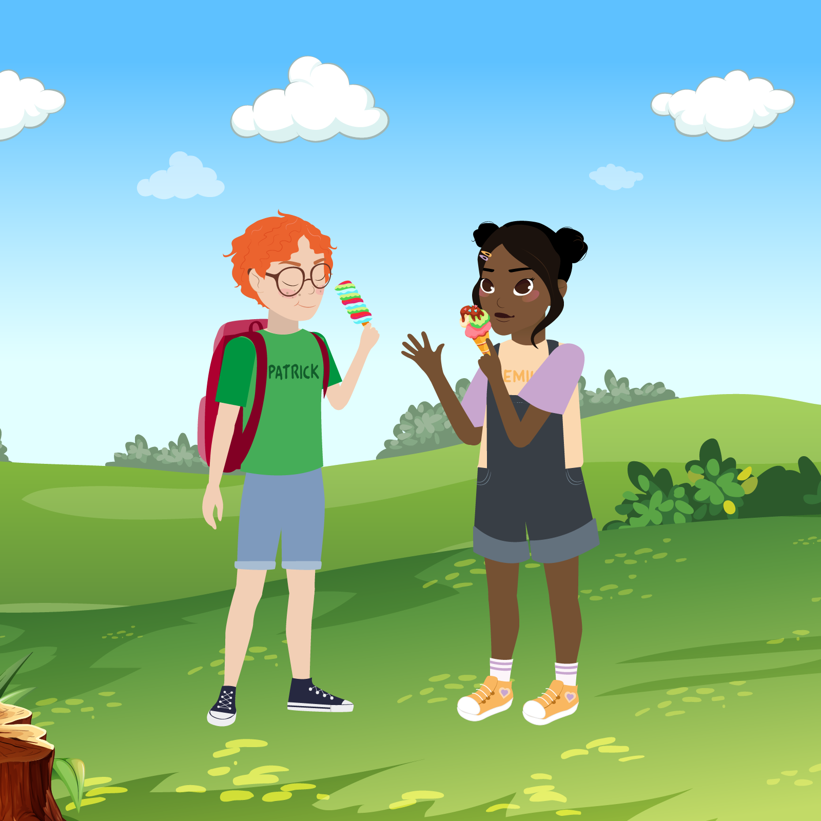 Ilustracja przedstawia dziewczynkę i chłopca, którzy jedzą lody. 