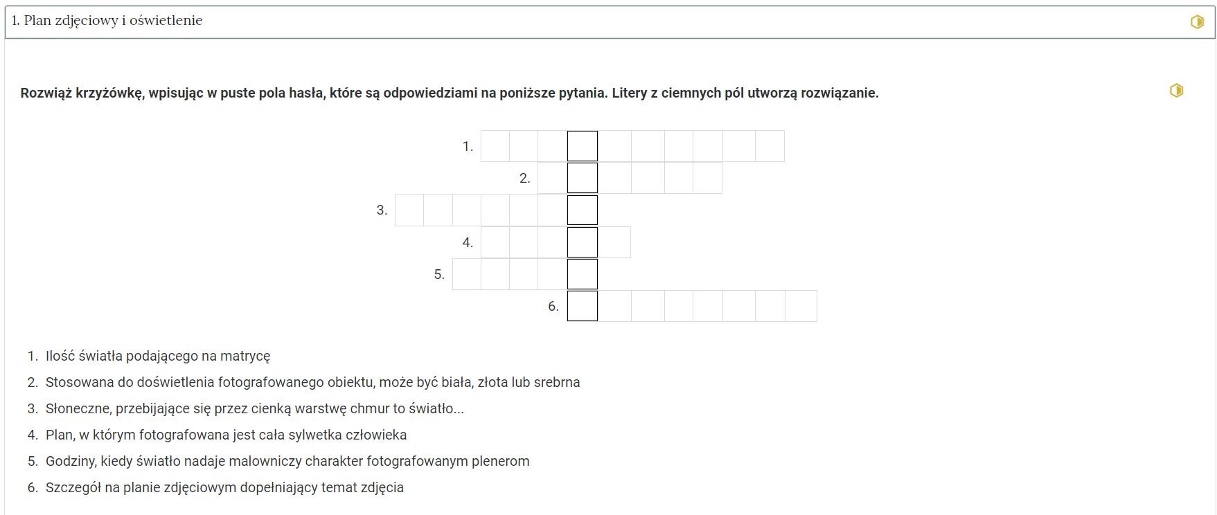 Grafika przedstawia widok pojedynczego zadania z interaktywnego materiału sprawdzającego, na prawo od nazwy zadania widnieje ikonka informująca o poziomie trudności zadania.