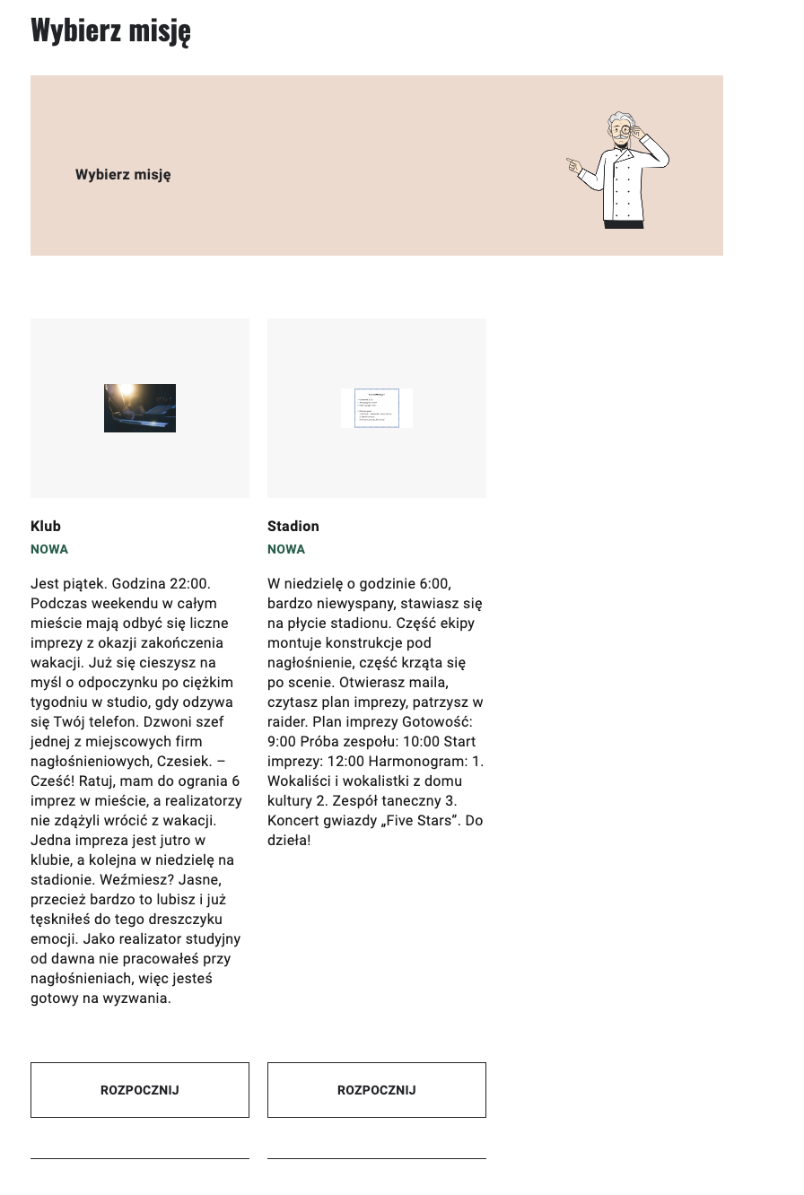 Widok ekranu początkowego gry edukacyjnej z wyborem misji