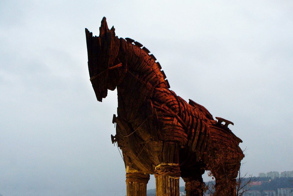 Obraz przedstawia współczesną rekonstrukcję konia trojańskiego z ciemnego drewna. W wielu miejscach widoczne są niezupełnie pasujące elementy jak wystające kawałki drewna oraz liny, głowa jest krótka i zwrócona ku dołowi.