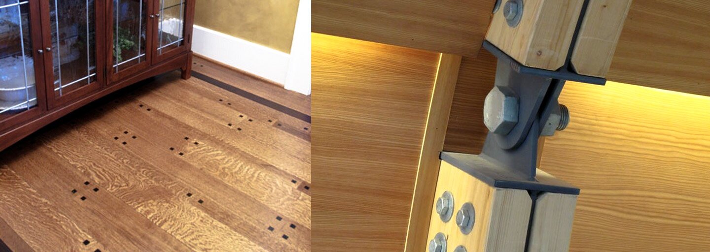 Grafika zawiera dwa zdjęcia. Zdjęcie po lewej przedstawia drewnianą podłogę, na której znajdują się liczne czarne punkty rozmieszczone regularnie, tworzące kwadraty. Zdjęcie po prawej przedstawia dwa drewniane elementy w kształcie prostopadłościanu, jeden nad drugim, połączone stalowym elementem składającym się z dwóch blaszek połączonych śrubą.