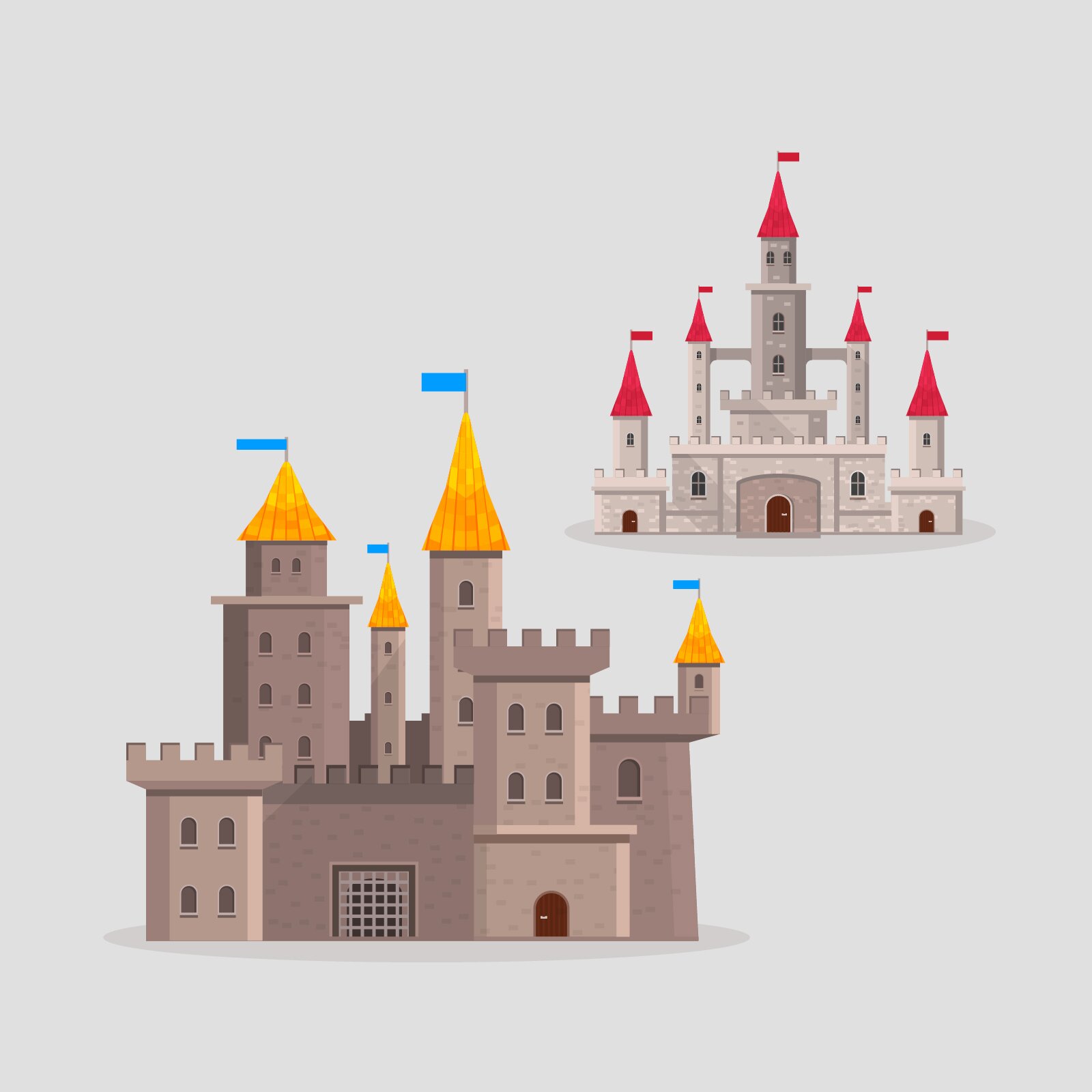 Ilustracja przedstawia dwa zamki z wieżyczkami ozdobionymi flagami. 