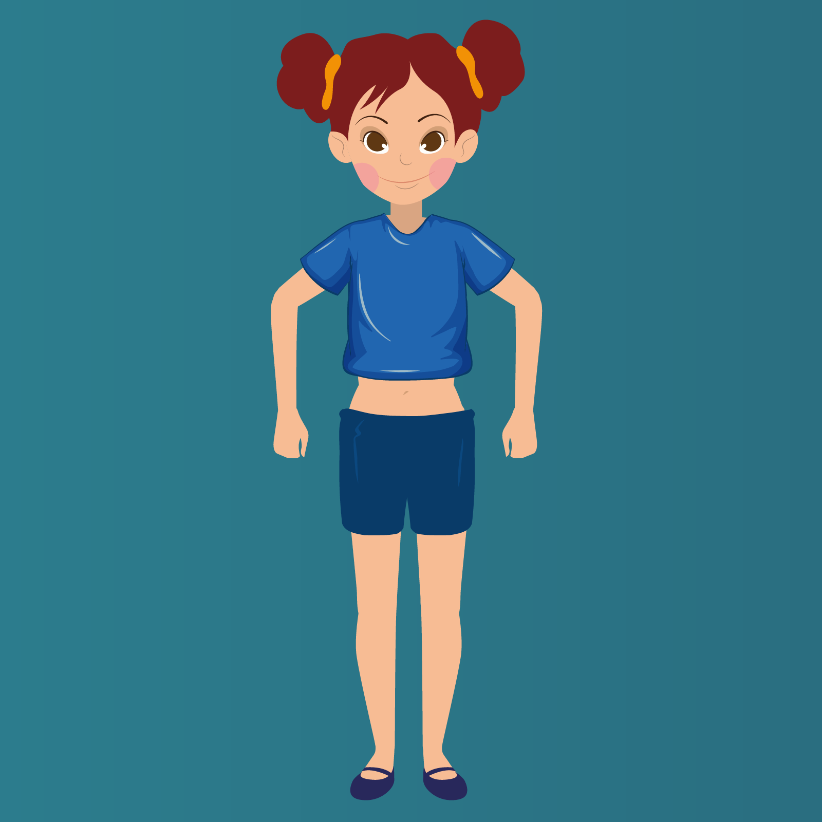 Ilustracja przedstawia dziewczynkę w za krótkiej niebieskiej koszulce i za krótkich niebieskich spodenkach.