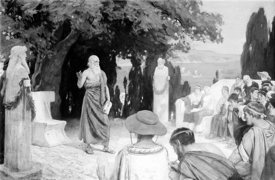 Ilustracja „Hipokrates naucza studentów pod drzewem platanu na wyspie Kos” autorstwa Eresta Boarda przedstawia starszego mężczyznę stojącego na polanie pomiędzy drzewami. Obok niego znajdują się młodzi mężczyźni słuchający wykładu w skupieniu. Z lewej i prawej strony znajdują się dwa białe posągi. Za Hipokratesem widoczne jest białe krzesło wykonane z kamienia. W oddali widoczne są okręty wpływające do zatoki. 