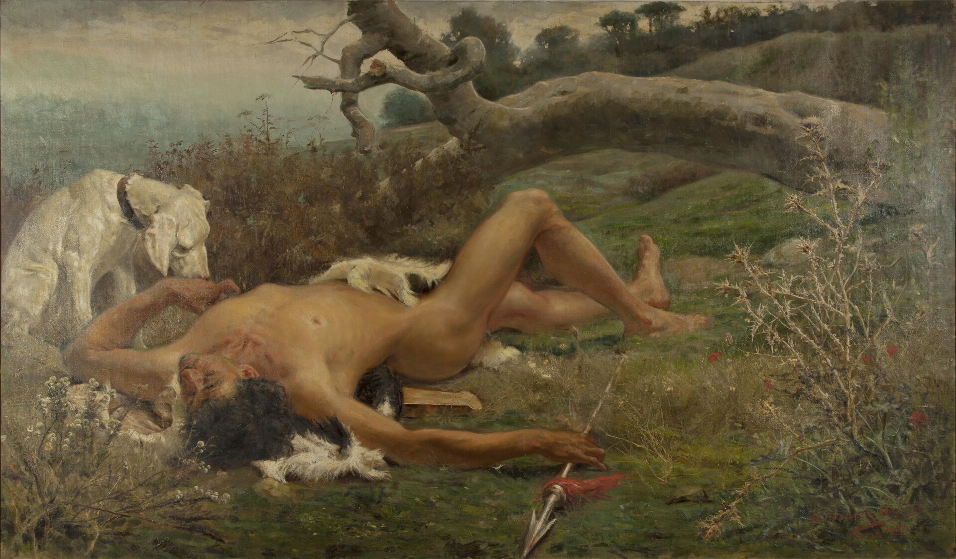 Kolorowa ilustracja przedstawia dzieło Álvarez Dumont’a, „Śmierć Adonisa”. W centralnej części obrazu widoczna jest postać nagiego młodzieńca leżącego na trawie. Głowę ma odchyloną do tyłu. W prawej ręce, odrzuconej bezwładnie, trzyma włócznię. Do lewej, nieco uniesionej do góry, przytula swój pysk siedzący obok biały duży pies. Na drugim planie widoczny jest pień i korona złamanego drzewa. Tło stanowią drzewa i leśne chaszcze.