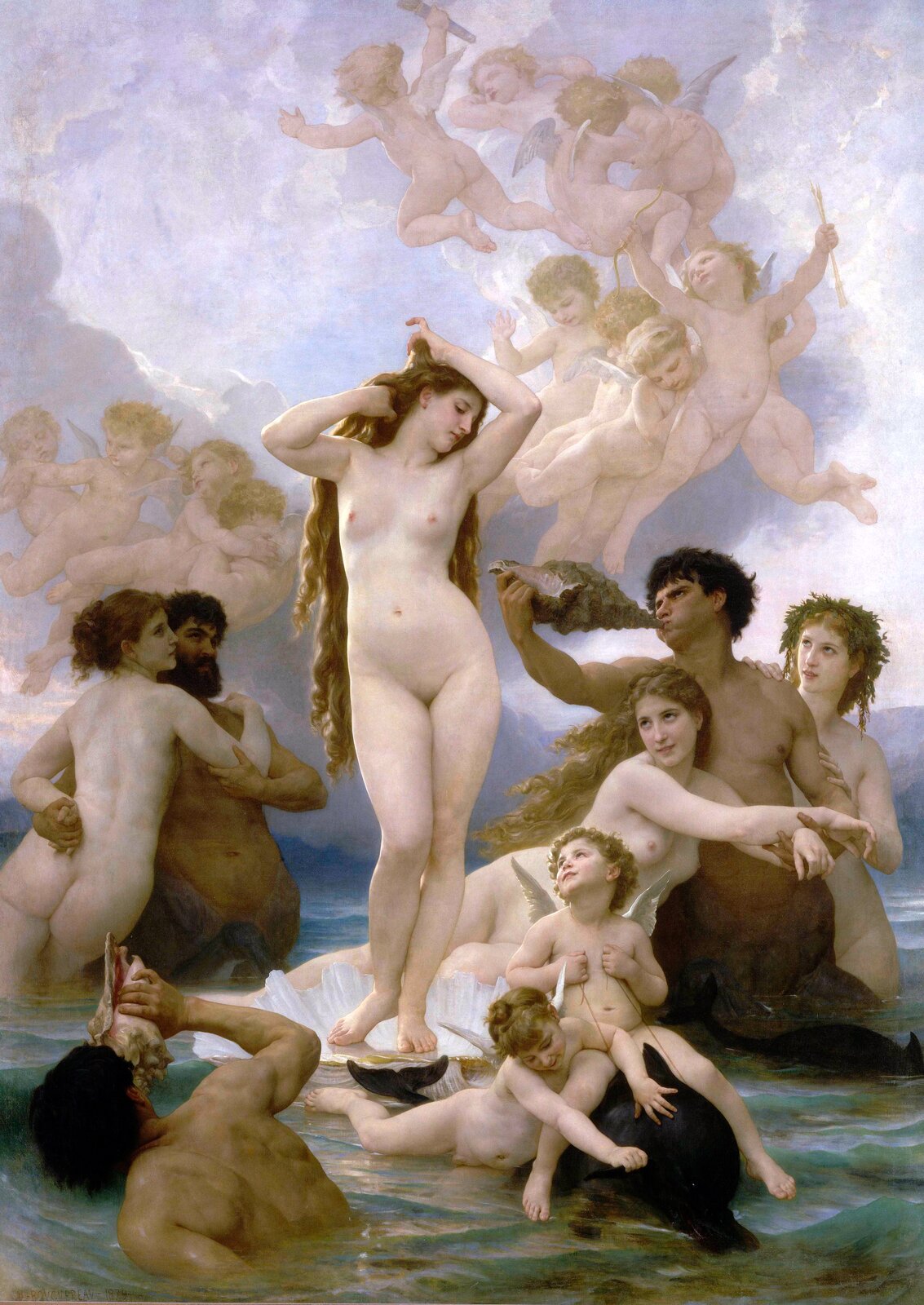 Dzieło Williama‑Adolphe Bouguereau pod tytułem „Narodziny Wenus”. W centrum obrazu widoczna jest stojąca na muszli, młoda, rudowłosa i naga kobieta. Kobieta stoi z rękoma podniesionymi do góry, którymi poprawia swoje włosy. Po lewej stronie obrazu znajdują się dwa centaury, jeden z nich trzyma w ramionach nimfę, a drugi dmie w muszlę. Po prawej stronie znajdują się dwie nimfy i centaur dmący w muszle oraz kupidyny ujeżdżający delfiny. W tle obrazu znajduje się latający tłum kupidynów, za którymi znajdują się chmury.