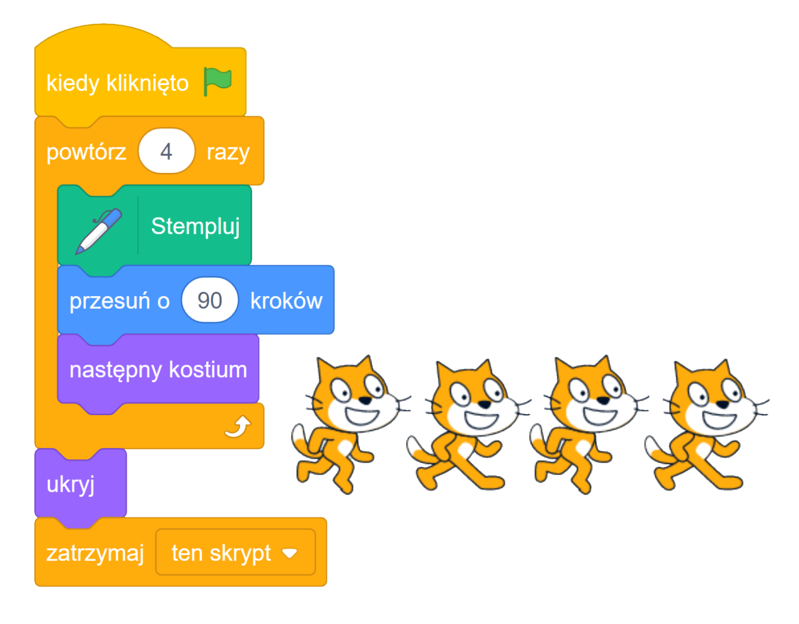 Na zdjęciu przedstawiono przykładowy algorytm z blokiem: zmień kostium.
W pierwszym bloku algorytmu znajduje się napis: kiedy kliknięto. Za napisem widoczna jest zielona flaga.
W drugim bloku algorytmu widoczny jest napis: powtórz cztery razu. Wartość: cztery znajduje się w polu do uzupełnienia. Blok algorytmu powtórz ma trzy bloki wewnętrzne.
W pierwszym bloku wewnętrznym widoczny jest animowany długopis. Za długopisem znajduje się napis: stempluj.
W drugim bloku wewnętrznym widoczny jest napis: przesuń o dziewięćdziesiąt kroków. Wartość dziewięćdziesiąt znajduje się w polu do uzupełnienia.
W trzecim bloku wewnętrznym widoczny jest napis: następny kostium.
Na końcu bloku powtórz znajduje się biała strzałka skierowana w górę.
W trzecim bloku algorytmu znajduje się napis ukryj.
W czwartym polu algorytmu widać napis: zatrzymaj ten skrypt. Ten skrypt znajduje się w rozwijalnym polu wyboru.
Po prawej stronie algorytmu narysowane są cztery animowane duszki. Duszki są w kształcie kotów. Koty biegną.