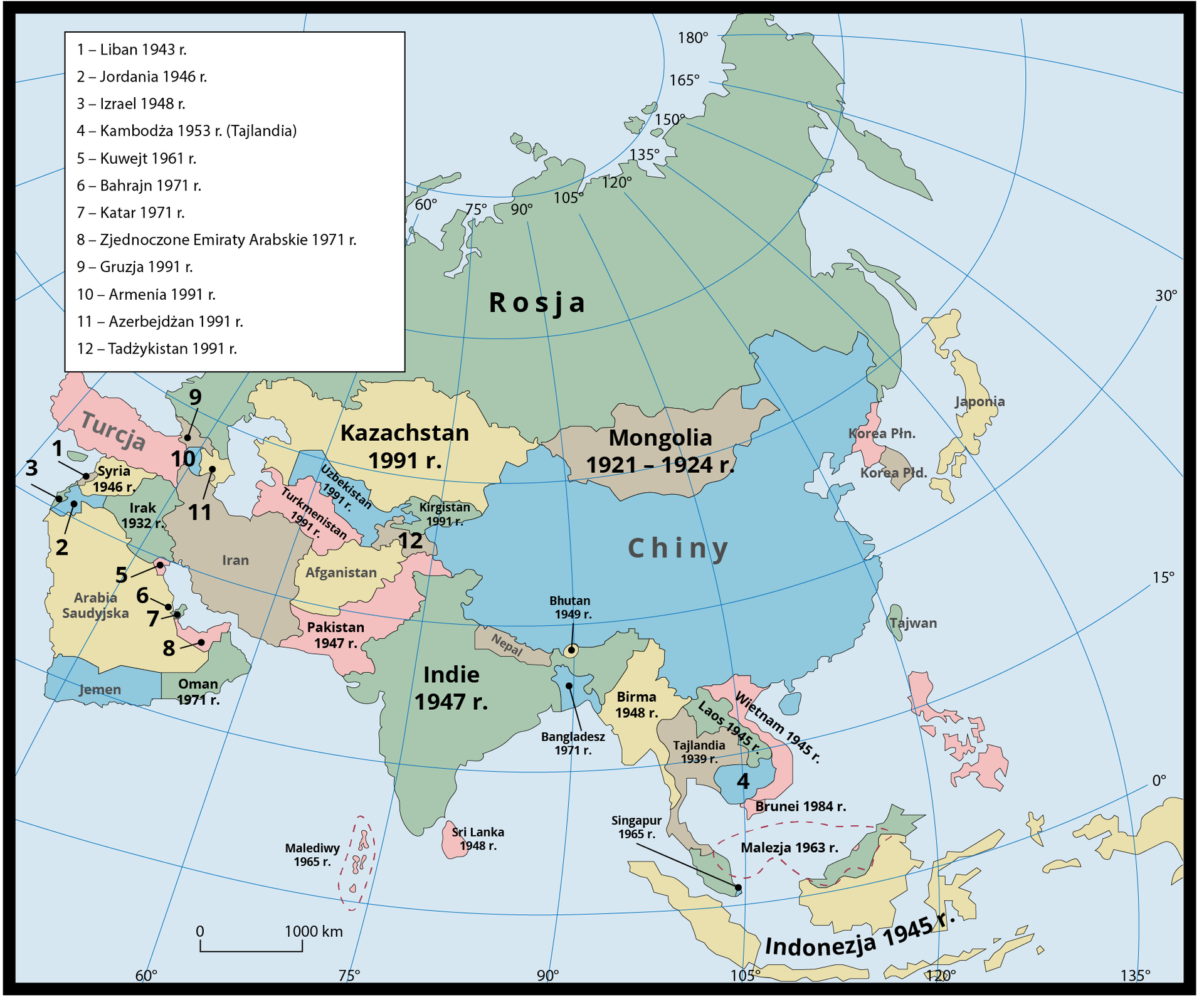 Mapa Azji przedstawia daty uzyskania niepodległości przez państwa azjatyckie. Numerami od 1 do 12 są oznaczone mniejsze państwa znajdujące się głównie na Bliskim Wschodzie. Z mapy można się dowiedzieć, że Liban uzyskał niepodległość w 1943 roku, Jordania w 1946 roku, Izrael w 1948 roku, Kambodża (współczesna Tajlandia) w 1953 roku, Kuwejt w 1961 roku, Bahrajn w 1971 roku, podobnie jak Katar oraz Zjednoczone Emiraty Arabskie. Z kolei Gruzja, Armenia, Azerbejdżan, Tadżykistan, Kirigistan, Uzbekistan, Turkmenistan oraz Kazachstan odzyskały niepodległość w 1991 roku. Pakistan uzyskał niepodległość w 1947 roku, Indie w 1947 roku, Sri Lanka w 1948 roku, Malediwy w 1965 roku, Bangladesz w 1971 roku, Birma w 1948 roku, Bhutan  w 1949 roku, Mongolia w latach 1921-1924, Tajlandia w 1939 roku, Laos i Wietnam w 1945 roku. Brunei w 1984 roku, Malezja w 1963 roku, Indonezja w 1945 roku, a Singapur w 1965 roku.