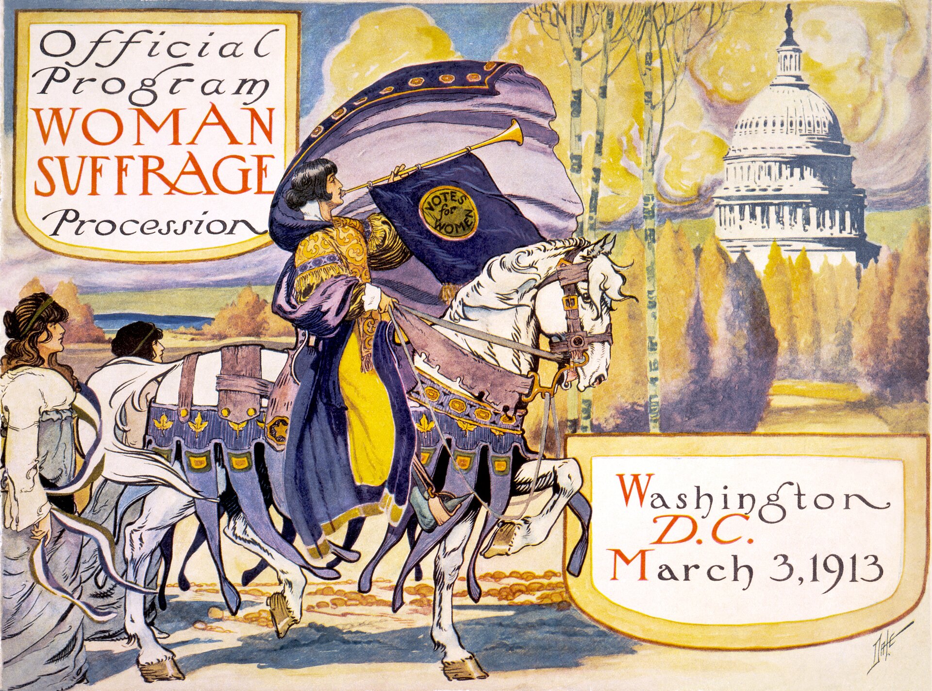 Na ilustracji oficjalny program marszu amerykańskich sufrażystek, Waszyngton 3 marca 1913 r. Okładka programu marszu w National American Women'sa . Kobieta w długiej żółtej  sukni z peleryną i szalem na ramionach dmuchającą w trąbkę z flagą. Siedzi na koniu okrytym kropierzem ze zwisającymi frędzlami. Za kobietą jadącą konno widać dwie kobiety, jedna w długiej jasnej sukni. W tle drzewa, krzewy i między nimi budynek Kapitolu. W prawym dolnym rogu napis: Washington D.C. March 3, 1913. W lewym górnym napis po angielsku.