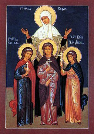 Ikona przedstawia cztery postacie. Z tyłu stoi z rozłożonymi dłoniami święta Zofia z aureolą na głowie. Przed nią stoją trzy nastoletnie dziewczynki w długich sukniach i pelerynach. W rękach trzymają prawosławne krzyże. Nad ich głowami znajdują się aureole.