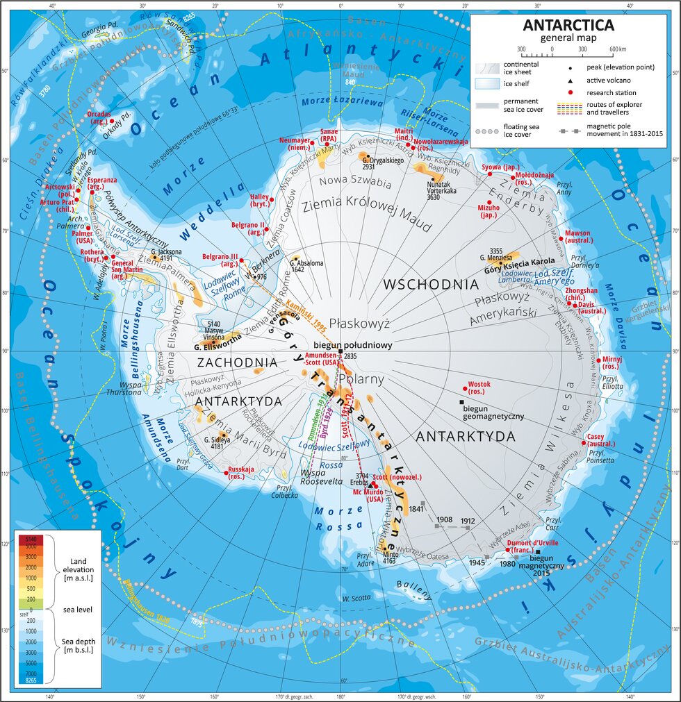 Antarctica Ilustracja przedstawia mapę Antarktydy, Antarctica. Kontynent otaczają oceany: Atlantycki, Indyjski i Spokojny. Kontynent pokrywa kontynentalna pokrywa lodowa, continental ice sheet. Antarktyda ma kilka regionów: Zachodnią Antarktydę, Wschodnią Antarktydę, w centralnej części znajduje się Płaskowyż Polarny wraz z biegunem południowym, punkt wysokościowy, elevation point wynosi 2835 metrów nad poziomem morza.