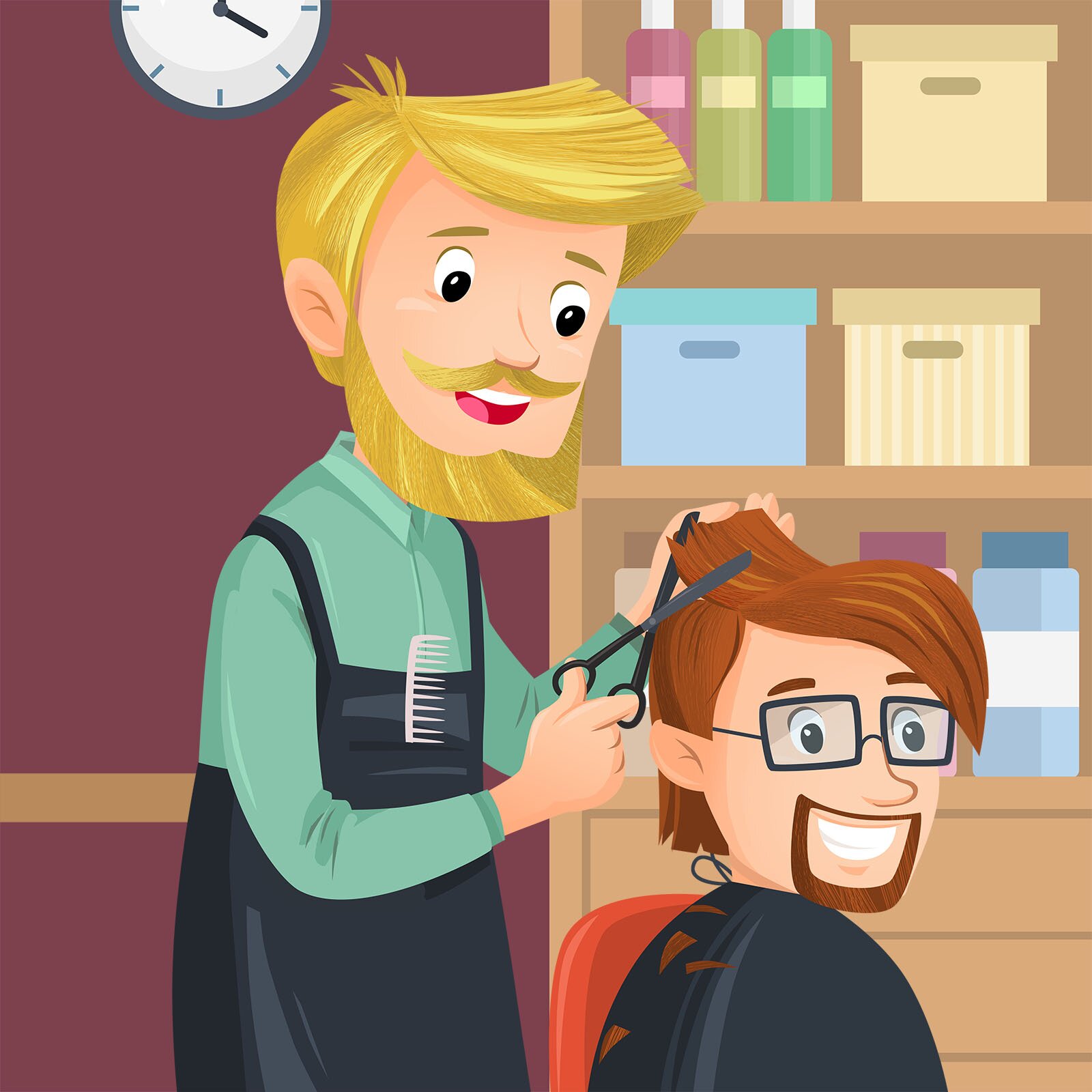 Ilustracja przedstawia fryzjera w fartuchu z zaczepionym na nim grzebieniem. Mężczyzna strzyże drugiego mężczyznę siedzącego na fotelu.