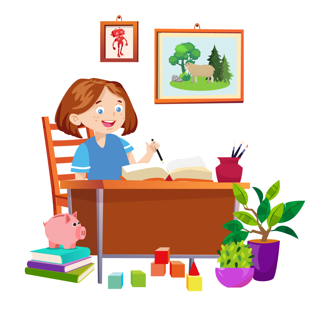 Ilustracja przedstawia pokój Mai. W tle widać białą ścianę, na której wiszą dwa obrazki w brązowych ramkach. Pierwszy obrazek przedstawia uśmiechniętego Zgrzytka. Jest to czerwony robot o prostokątnej głowie z krótkimi antenkami zamiast uszu, dwiema rękami i dwiema nogami. Na przedniej części jego tułowia widnieje biały znaczek w postaci błyskawicy. Drugi obrazek przedstawia beżową owcę na zielonej polanie. W tle widać jedno drzewo liściaste i dwa drzewa iglaste. Po lewej stronie rośnie kępka wysokiej trawy i leżą dwa szare kamienie. Na środku ilustracji stoi brązowe biurko, na którym jest otwarta książka w pomarańczowej okładce i bordowy wazonik z trzema pędzlami. Przy biurku, na brązowym krześle, siedzi Maja. Szeroko się uśmiecha i patrzy na książkę. W uniesionej lewej dłoni trzyma czarny ołówek. Przed biurkiem, na pierwszym planie ilustracji, znajdują się na podłodze różne przedmioty. Po lewej stronie są trzy książki ułożone jedna na drugiej. Pierwsza ma turkusową okładkę, druga fioletową, a trzecia zieloną. Stoi na nich różowa świnka skarbonka. Obok są rozrzucone kolorowe klocki o różnych kształtach. Po prawej stronie stoją dwie zielone rośliny w fioletowych donicach.