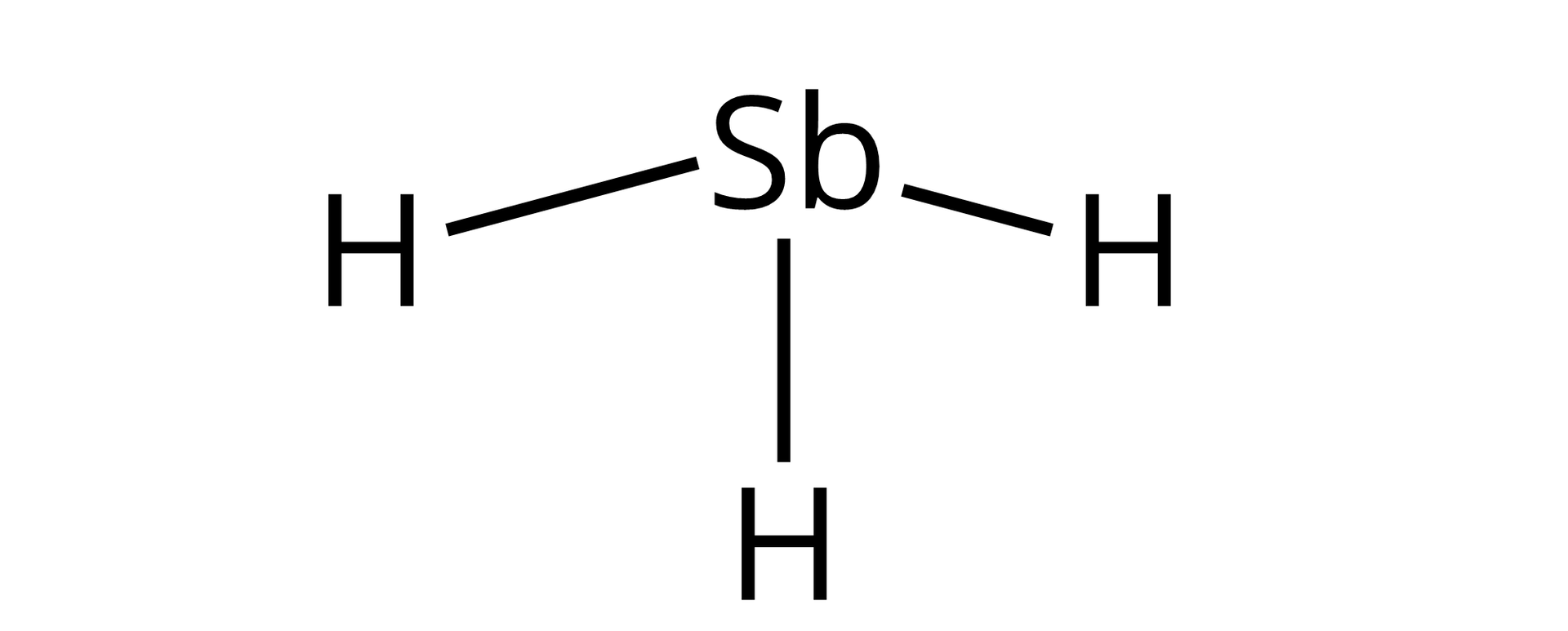 Ilustracja przedstawiająca wzór strukturalny wodorku antymonu zbudowanego z atomu antymonu Sb połączonego za pomocą wiązań pojedynczych z trzema atomami wodoru.