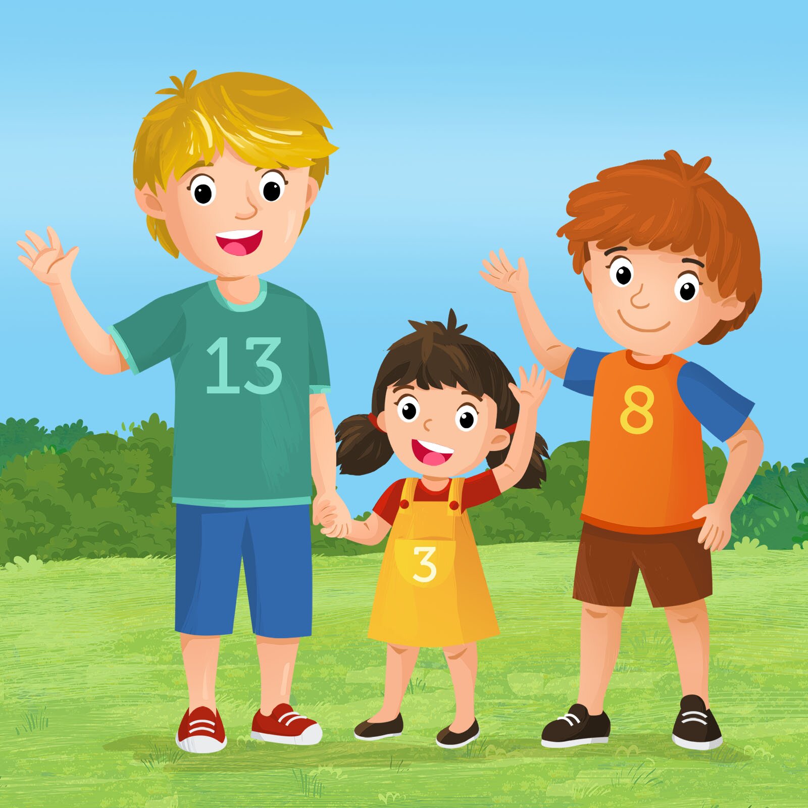 Ilustracja przedstawia troje dzieci. Najwyższe ma koszulkę z napisem 13. Średnie z napisem 8, a najmniejsza dziewczynka z napisem 3.