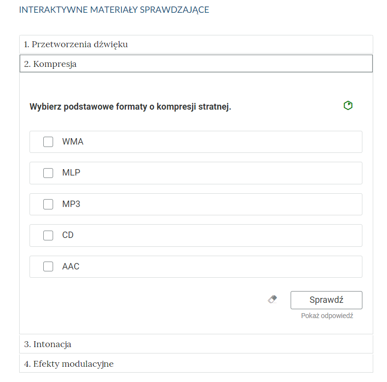Grafika przedstawia widok pojedynczego zadania z interaktywnego materiału sprawdzającego, na prawo od nazwy zadania widnieje ikonka informująca o poziomie trudności zadania. Zaprezentowane zadanie składa się z listy wielokrotnego wyboru odpowiedzi.
