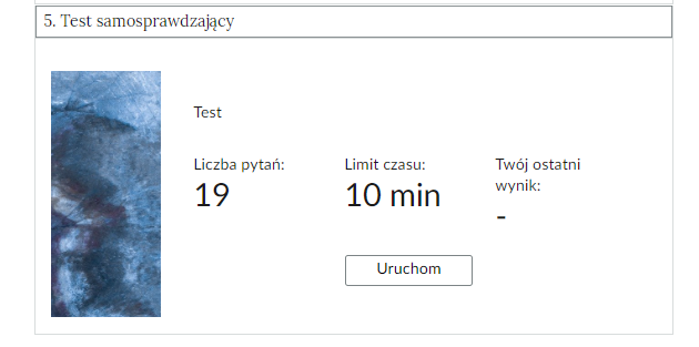 Widok na okno główne testu samosprawdzającego. W górnej części grafiki ramka z tekstem: Pięć. Test samosprawdzający. Po prawej stronie ozdobna, prostokątna grafika. Obok informacje o teście. Liczba pytań: dziewiętnaście. Limit czasu: dziesięć minut. Twój ostatni wynik - brak informacji. Poniżej prostokątny przycisk: “Uruchom”.