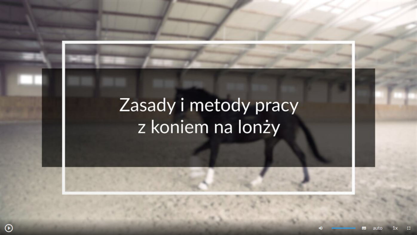Widok okna odtwarzacza filmu. W tle widoczna jest hala jeździecka i biegnący czarny koń. Na środku w białej ramce znajduje się tytuł filmu: Zasady i metody pracy z koniem na lonży.