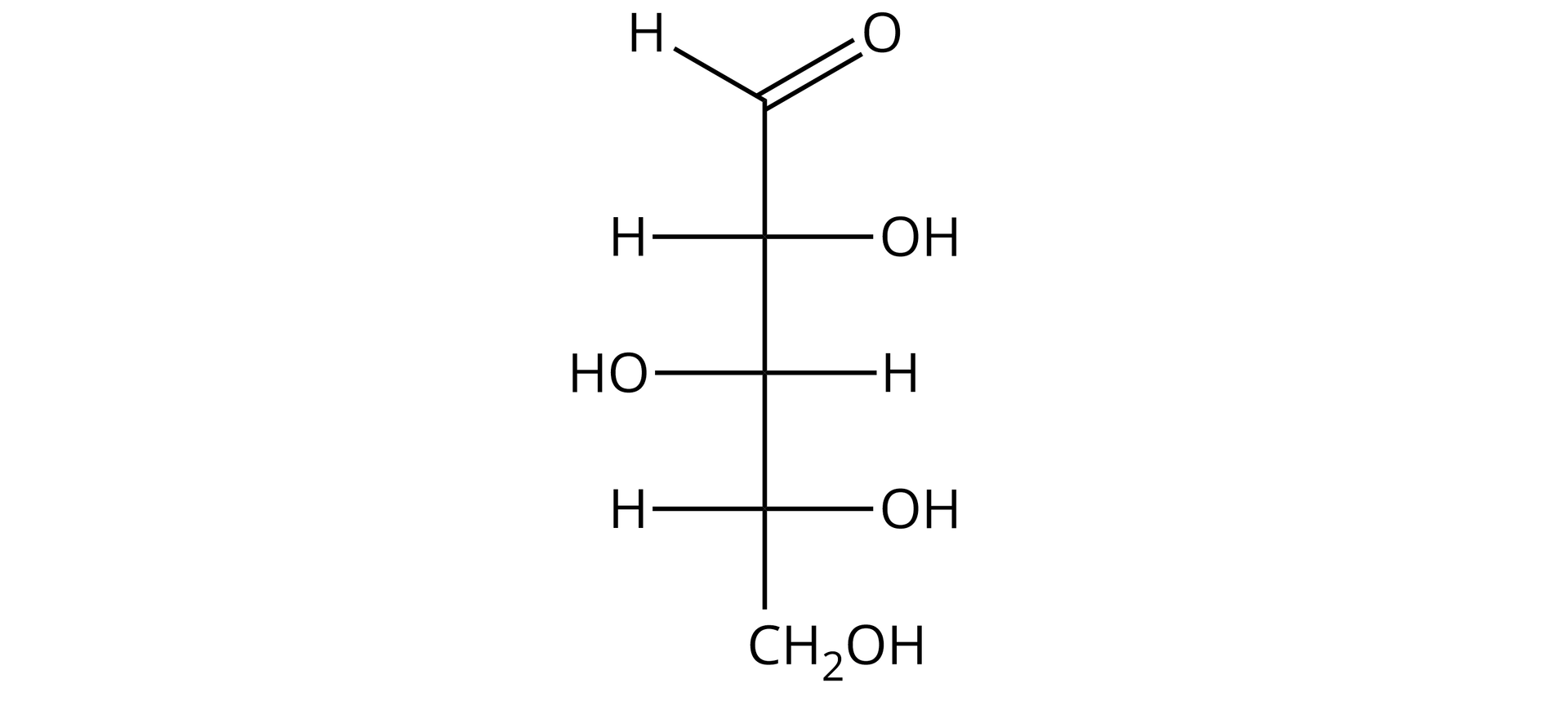 Na ilustracji jest wzór D-ksylozy. Łańcuch główny jest pionowy. Tworzą go cztery atomy węgla, które nie są we wzorze zapisane. Atom wegla na samej górze łączy się po lewej stronie z atomem wodoru, a po prawej wiązaniem podwójnym z atomem tlenu. Drugi atom węgla łączy się po lewej stronie z atomem wodoru, po prawej z grupą OH, trzeci atom węgla łączy się po lewej stronie z grupą OH, a po prawej z atomem wodoru. Czwarty atom węgla łączy się po lewej stronie z atomem wodoru, po prawej z grupą OH, a na dole z                C       H                 2                O     H    .   