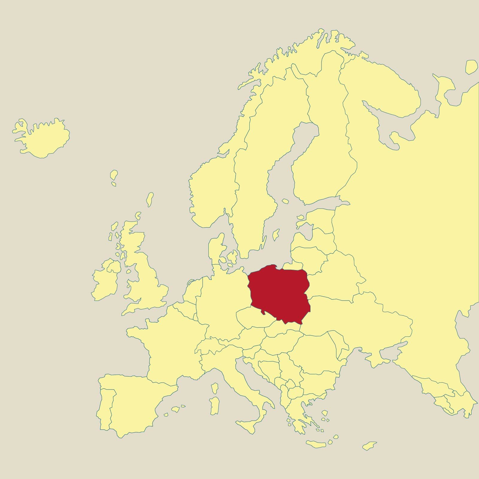 Ilustracja przedstawia mapę Europy z zarysowanymi granicami państw. Polska zaznaczona jest kolorem czerwonym, wyróżniając się na tle innych krajów.
