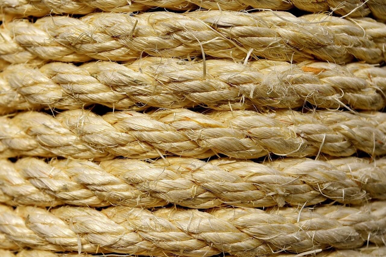 Ilustracja przedstawia linę wykonaną z sizalu. Ilustracja przedstawia 4 warstwy liny nałożone jedna na drugą.