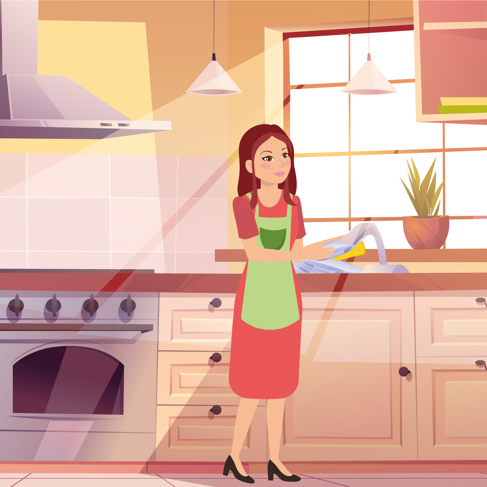 Ilustracja przedstawia kobietę w czerwonej sukni i zielonym fartuszku, która stoi w kuchni i myje naczynia w zlewie. 