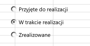 Ilustracja przedstawia komórki arkusza. Tam trzy opcje: przyjęte do realizacji (mały okrąg), w trakcie realizacji (okrąg z czarną kropką w środku), zrealizowane (okrąg).  