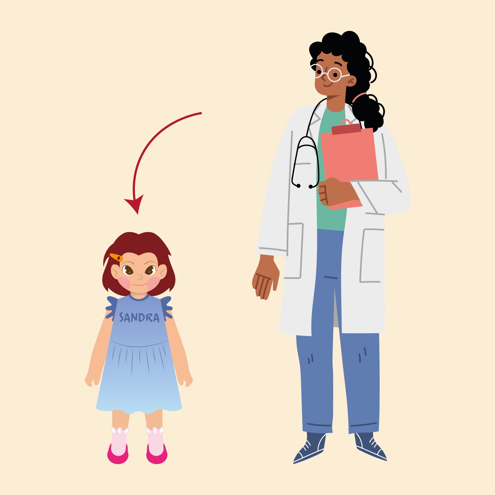Ilustracja przedstawia dziewczynkę w niebieskiej sukience i w panią doktor, ubraną w biały fartuch, niebieskie rękawiczki i ze stetoskopem na szyi. Czerwona strzałka wskazuje dziewczynkę.