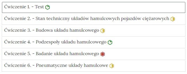 Zdjęcie przedstawia przykładowy wygląd zakładek zawierających interaktywne materiały sprawdzające. Składają się one z prostokątnych paneli umieszczonych jeden pod drugim. Każdy panel posiada numer oraz tytuł, który nawiązuje do zawartego w nim zadania.