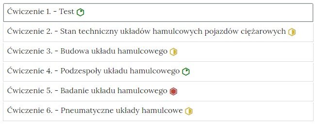 Zdjęcie przedstawia przykładowy wygląd zakładek zawierających interaktywne materiały sprawdzające. Składają się one z prostokątnych paneli umieszczonych jeden pod drugim. Każdy panel posiada numer oraz tytuł, który nawiązuje do zawartego w nim zadania.