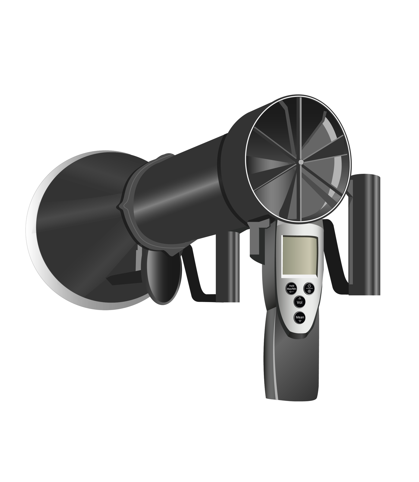 Grafika przedstawia anemostat wiatraczkowy. Jest to średniej wielkości urządzenie z czujnikiem, wiatrakiem oraz wyświetlaczem.
Opisy prezentowanych na grafikach obiektów są załączone w treści.