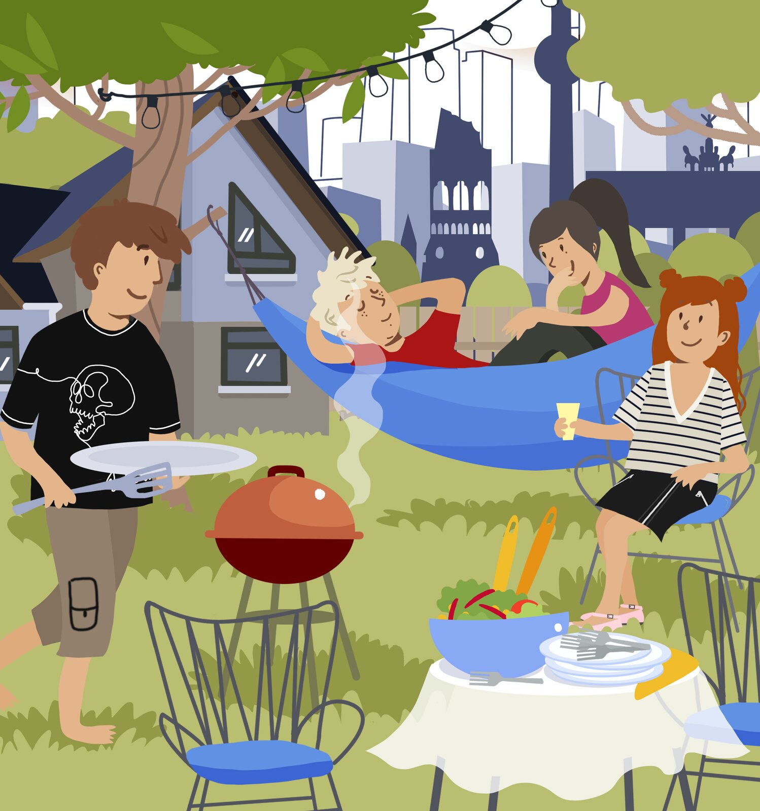 Na grafice widoczna jest scena wspólnego spotkania młodych ludzi przy grillu. Chłopiec i dziewczyna leżą w hamaku, druga dziewczyna siedzi na krześle z kubkiem w dłoni, a drugi chłopiec obsługuje grill. Przed nimi stoi nakryty do posiłku stół, w tle widoczny jest dom i drzewa. Nagranie dźwiękowe dostępne poniżej