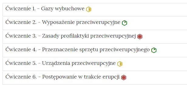 Zdjęcie przedstawia przykładowy wygląd zakładek zawierających interaktywne materiały sprawdzające. Składają się one z prostokątnych paneli umieszczonych jeden pod drugim. Każdy panel posiada numer oraz tytuł, który nawiązuje do zawartego w nim zadania.