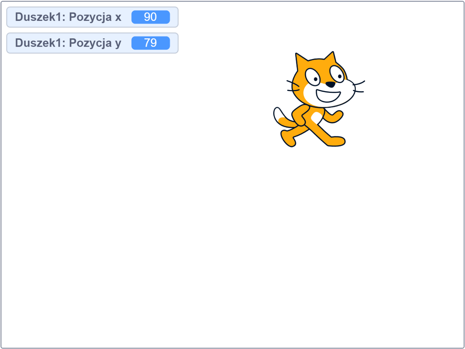 Grafika przedstawia fragment sceny Scratch  z widocznymi wartościami zmiennymi "pozycja x" i "pozycja y" przedstawiających współrzędne duszka.