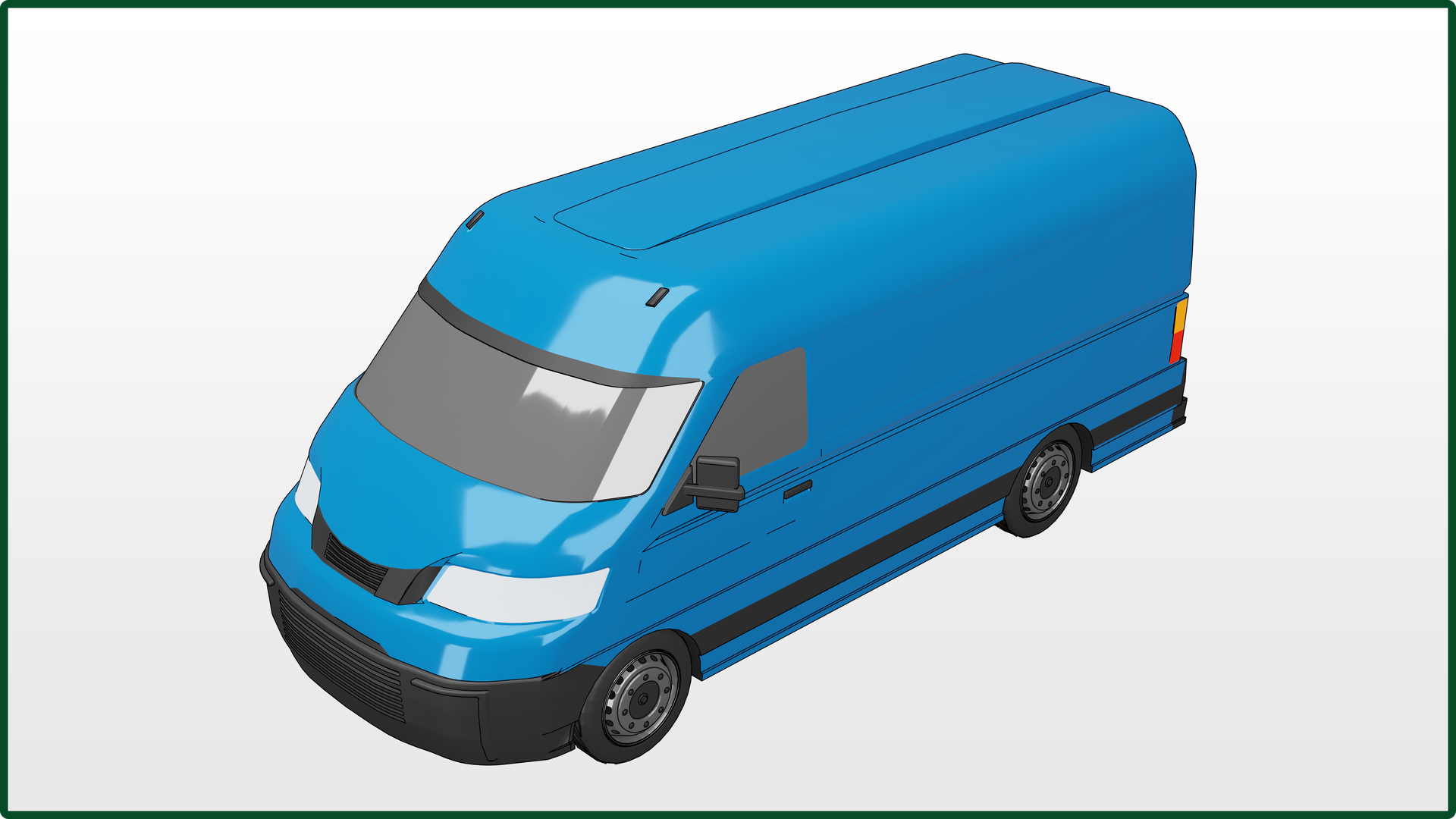 Grafika przedstawia samochód ciężarowy (dostawczy). Kabina samochodu jest połączona z jego przestrzenią transportową.