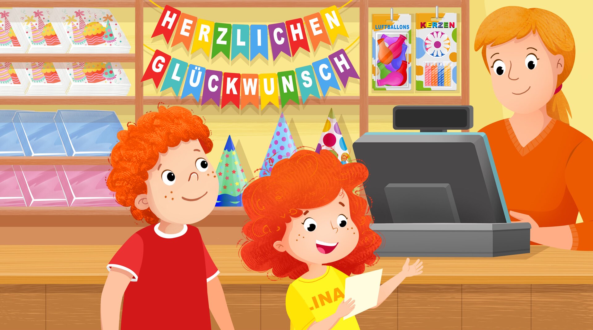 Ilustracja przedstawia dziewczynkę o imieniu Lina oraz chłopca o imieniu Jonas w sklepie z akcesoriami urodzinowymi. Lina trzyma w ręku kartkę, na której coś sprawdza. Za kasą stoi uśmiechnięta ekspedientka, a na półkach znajdują się kartki, girlandy i świeczki.