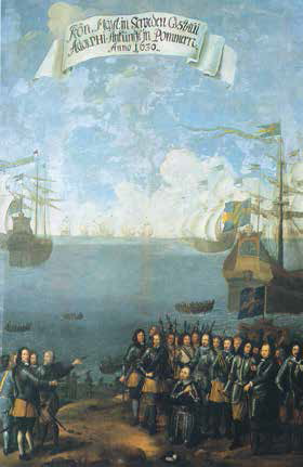 Ilustracja przedstawia lądowanie w Niemczech. Na pierwszym planie na brzegu po prawej stronie stoi grupa mężczyzn w zbrojach trzymających włócznie. Z lewej strony mężczyźni w zbrojach wskazują na coś dłońmi. Za ludźmi jest morze. Znajdują się na nim statki ze szwedzkimi flagami.