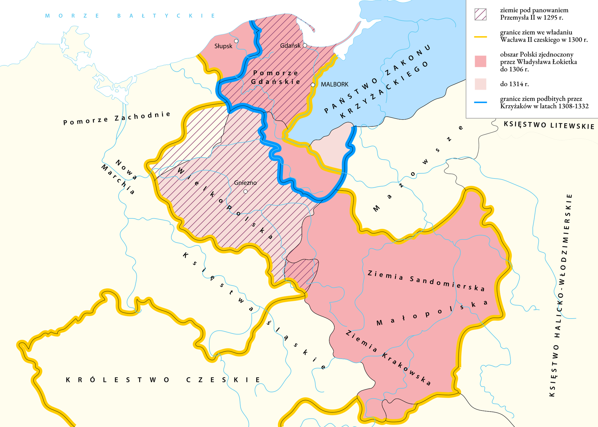 Mapa przedstawiająca Europę Środkowo‑Wschodnią z uwzględnieniem zakresu terytorialnego rozbitej na dzielnice Polski na przełomie XIII i XIV wieku. Skośną linią zakreślono zakres terytorium pod panowaniem Przemysła II - Pomorze Gdańskie i Wielkopolskę. Kolorem różowym zaznaczono terytorium ziem polskich zjednoczonych przez Władysława Łokietka do 1306 roku - Pomorze Gdańskie, Ziemia Sandomierska, Małopolska, Ziemia Krakowska. Jasnoróżowym oznaczono terytorium przyłączone do ziem zjednoczonych przez Władysława Łokietka do 1314 roku - Wielkopolska. Żółtą linią oznaczono granice ziem pod panowaniem Wacława II czeskiego w 1300 roku - Królestwo Czeskie, Księstwa śląskie (w połowie przechodząca linia przez tereny Śląska), Wielkopolska, Pomorze Gdańskie, Ziemia Sandomierska, Małopolska, Ziemia Krakowska. Niebieską linią zaznaczono terytorium zajęte przez zakon krzyżacki w latach 1308‑1322 - Pomorze Gdańskie, Kujawy. Na mapie oznaczono kolorem niebieskim terytorium Państwa Zakonu Krzyżackiego w Prusach. Nazwy terytoriów (pozostałe): Nowa Marchia, Pomorze Zachodnie, Mazowsze, Księstwo Litewskie, Księstwo Halicko- Włodzimierskie. Miasta: Słupsk. Gdańsk, Gniezno. Morza: Morze Bałtyckie.  