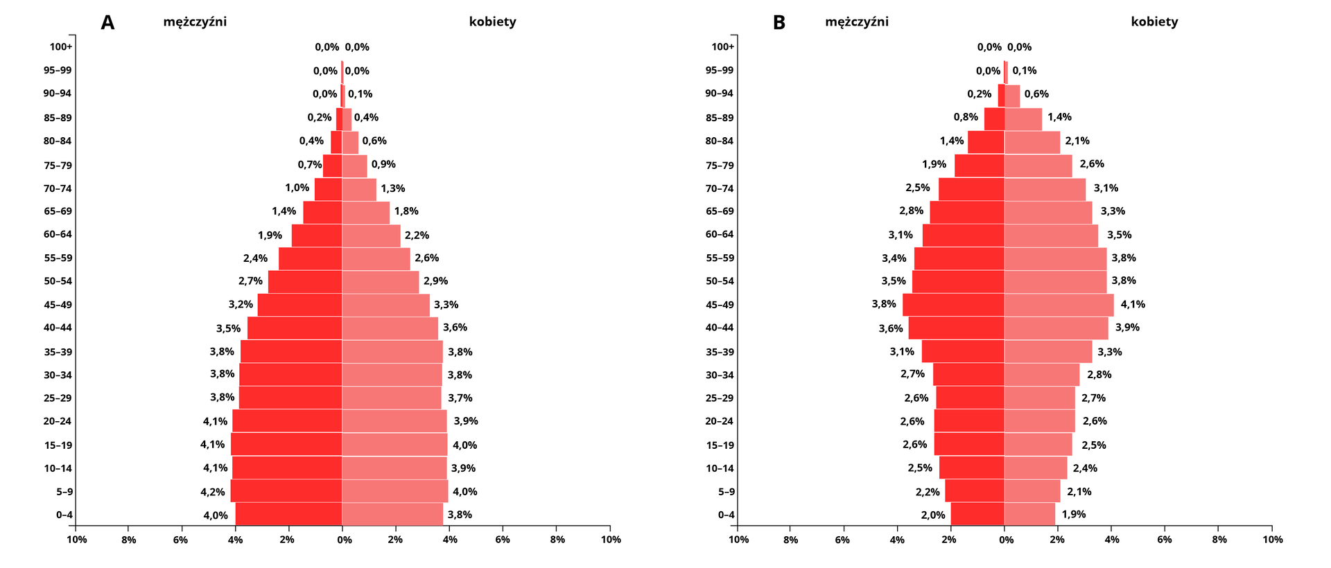 Wykres A. Podstawa wykresu jest szeroka, a dalej wartości utrzymują się na zbliżonym poziomie do grupy osób w wieku około czterdziestego roku życia. Wartości wynoszą około 4 procent. Następnie wykres zwęża się, przyjmując trójkątny kształt, co związane jest ze spadkiem udziału osób starszych w ogólnej strukturze społeczeństwa. Wartości procentowe zmniejszają się aż do zera.
Wykres B. Podstawa wykresu dość wąska, wartości rozpoczynają się od około dwóch procent. Następnie wykres lekko się rozszerza, do poziomu około czterech procent dla grupy wiekowej 45‑49 lat. W dalszej części następuje zwężanie się wykresu, wynikające ze spadu wartości aż do wartości bliskich zeru procent.