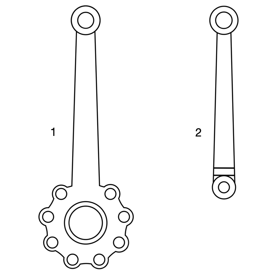 Ilustracja przedstawia korbowody silnika gwiazdowego czyli: główne w kształcie podłużnego trzonu połączonego na końcu z elementem zawierającym jeden większy otwór pośrodku oraz kilka mniejszych wokół i korbowody przyczepne w postaci podłużnych elementów z okrągłymi otworami po obu końcach.