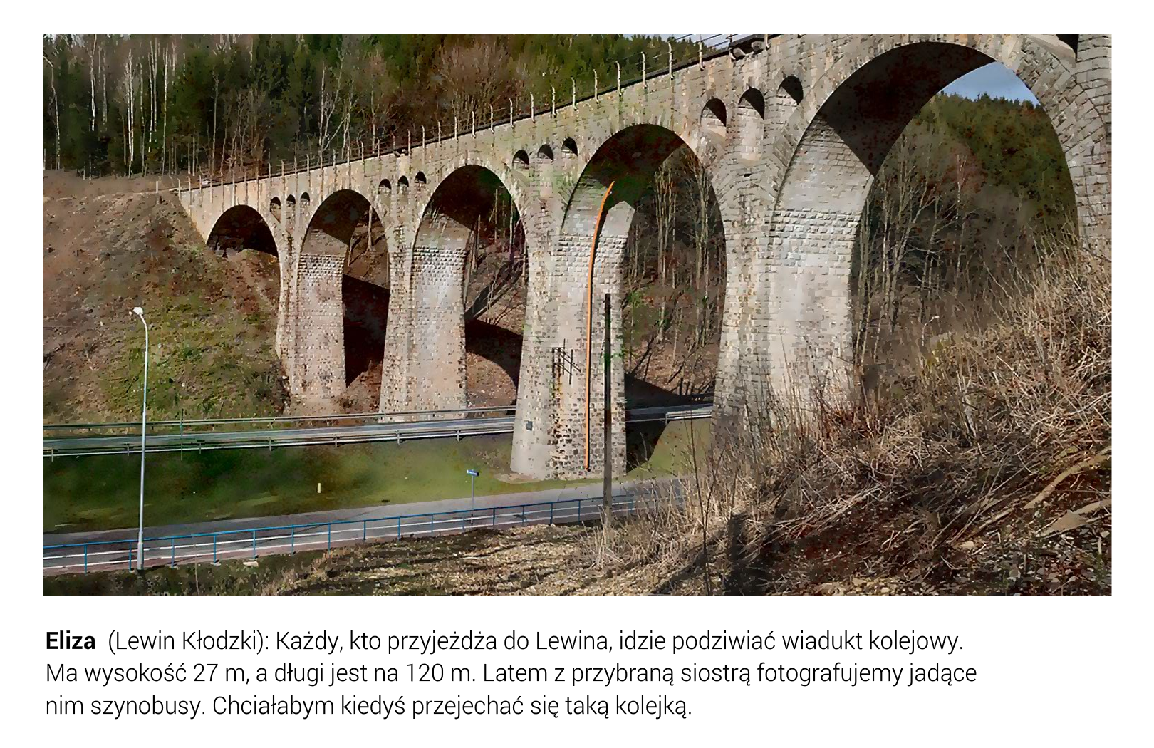 Slajd przedstawia pięciokolumnowy wiadukt kolejowy  w Lewinie Kłodzkim o długości 120 m i wysokości 27 m. Jest on wykonany z kamienia. Trasa wiaduktu prowadzi przez kotlinę między dwoma wzgórzami, na których porastają drzewa i krzewy. Pod fotografią umieszczono tekst: Eliza (Lewin Kłodzki): Każdy, kto przyjeżdża do Lewina, idzie podziwiać wiadukt kolejowy. Ma wysokość 27 m, a długi jest na 120 m. Latem z przybraną siostrą fotografujemy jadące nim szynobusy. Chciałabym kiedyś przejechać się taką kolejką.